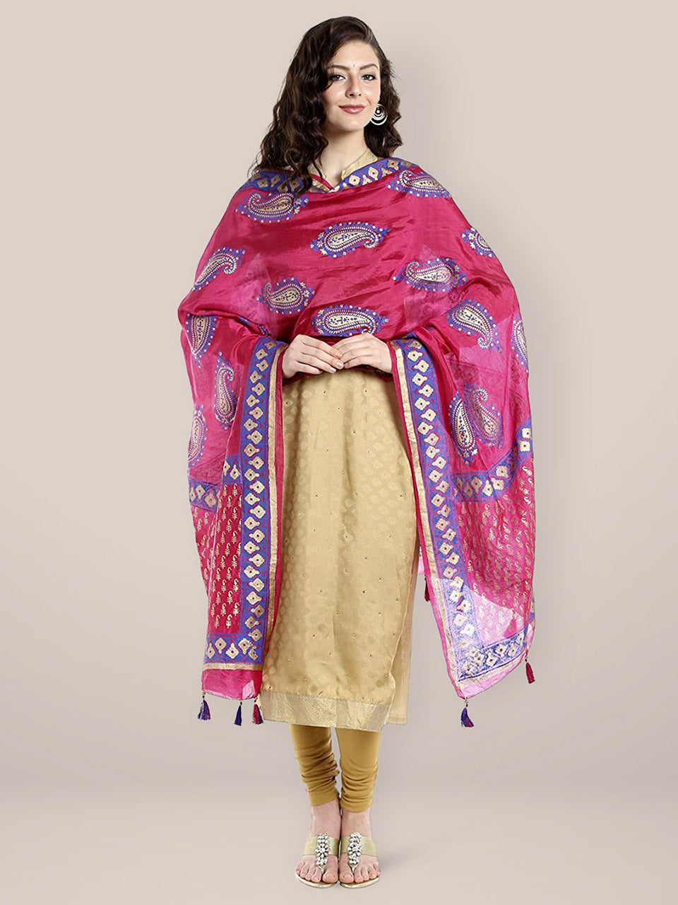 Pink & Blue Silk  Printed Dupatta . freeshipping - Dupatta Bazaar