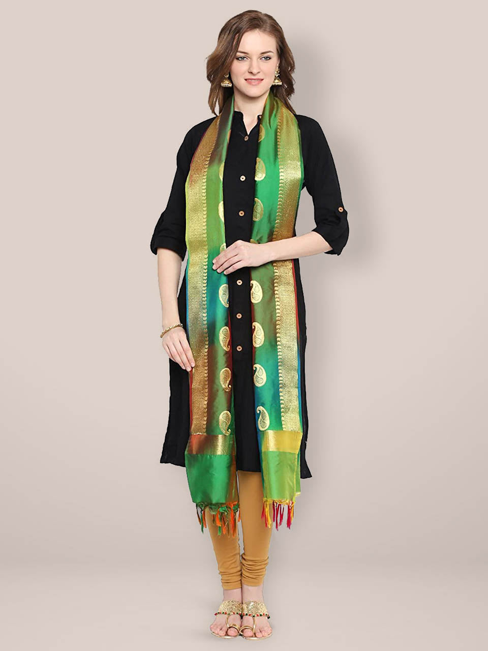 Green & Gold Shaded Banarasi Silk Dupatta freeshipping - Dupatta Bazaar
