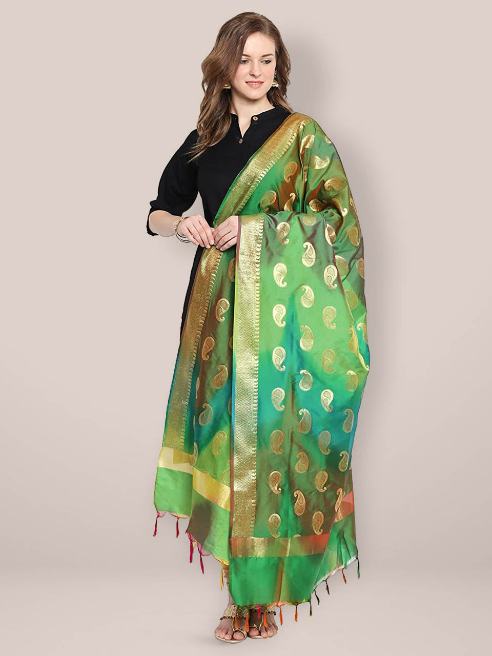 Green & Gold Shaded Banarasi Silk Dupatta freeshipping - Dupatta Bazaar