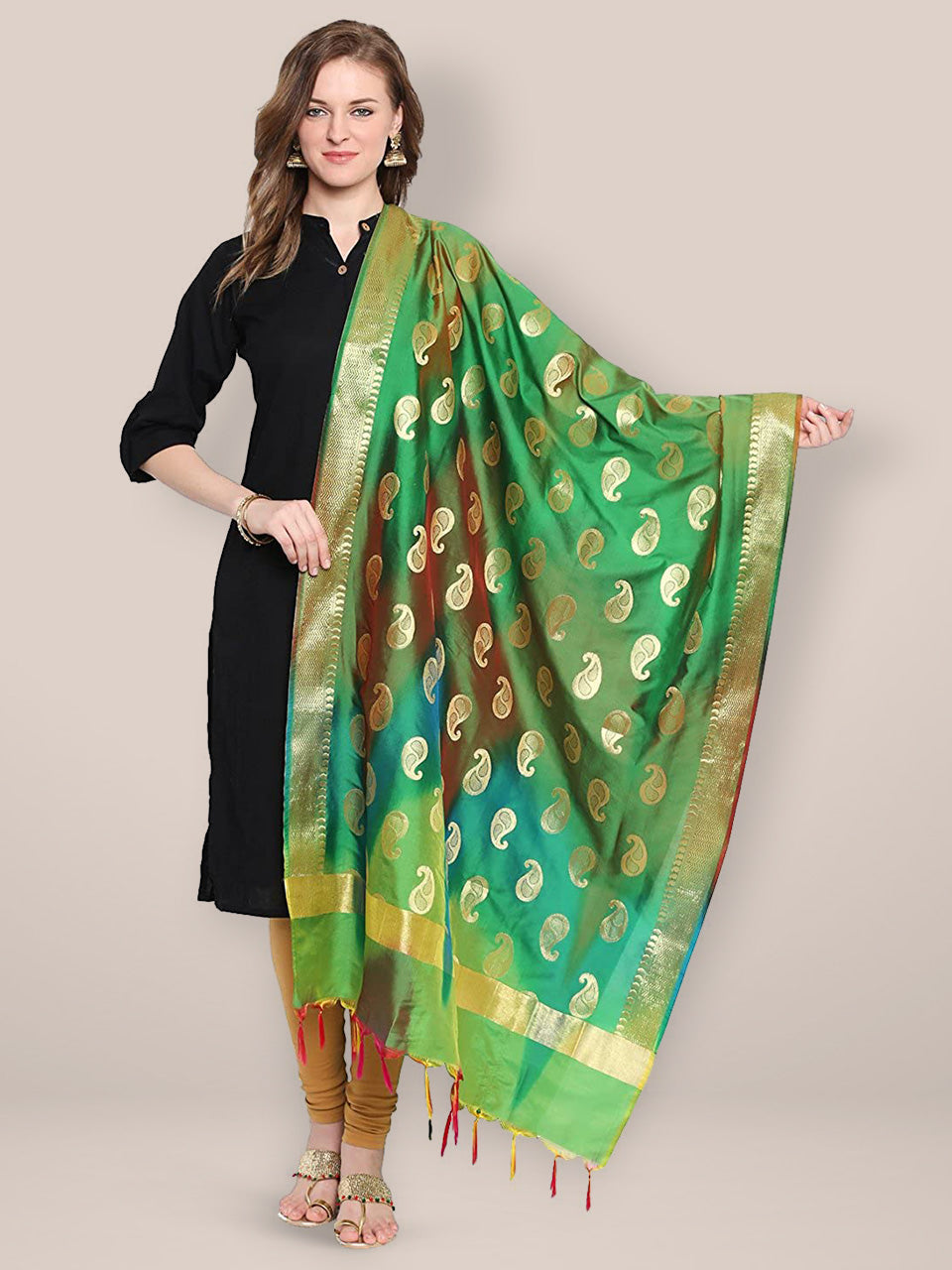Green & Gold Shaded Banarasi Silk Dupatta freeshipping - Dupatta Bazaar