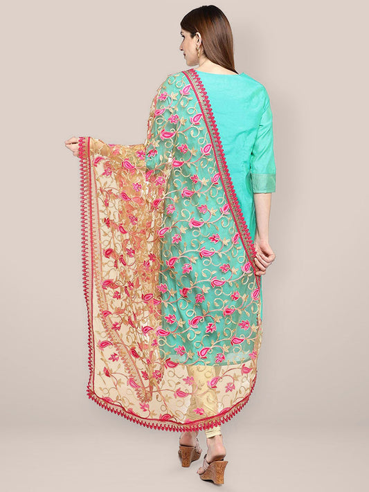 Gold Net Dupatta with Pink Embroidery freeshipping - Dupatta Bazaar