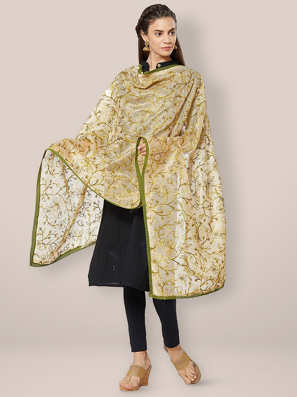 Green & Gold Embroidered Cotton Silk Dupatta freeshipping - Dupatta Bazaar