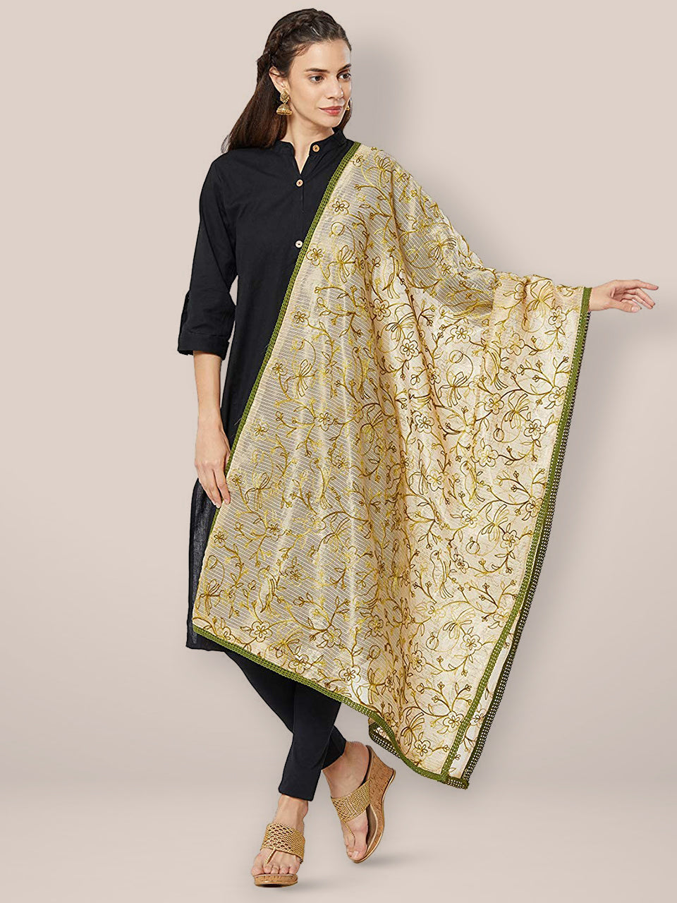 Green & Gold Embroidered Cotton Silk Dupatta freeshipping - Dupatta Bazaar