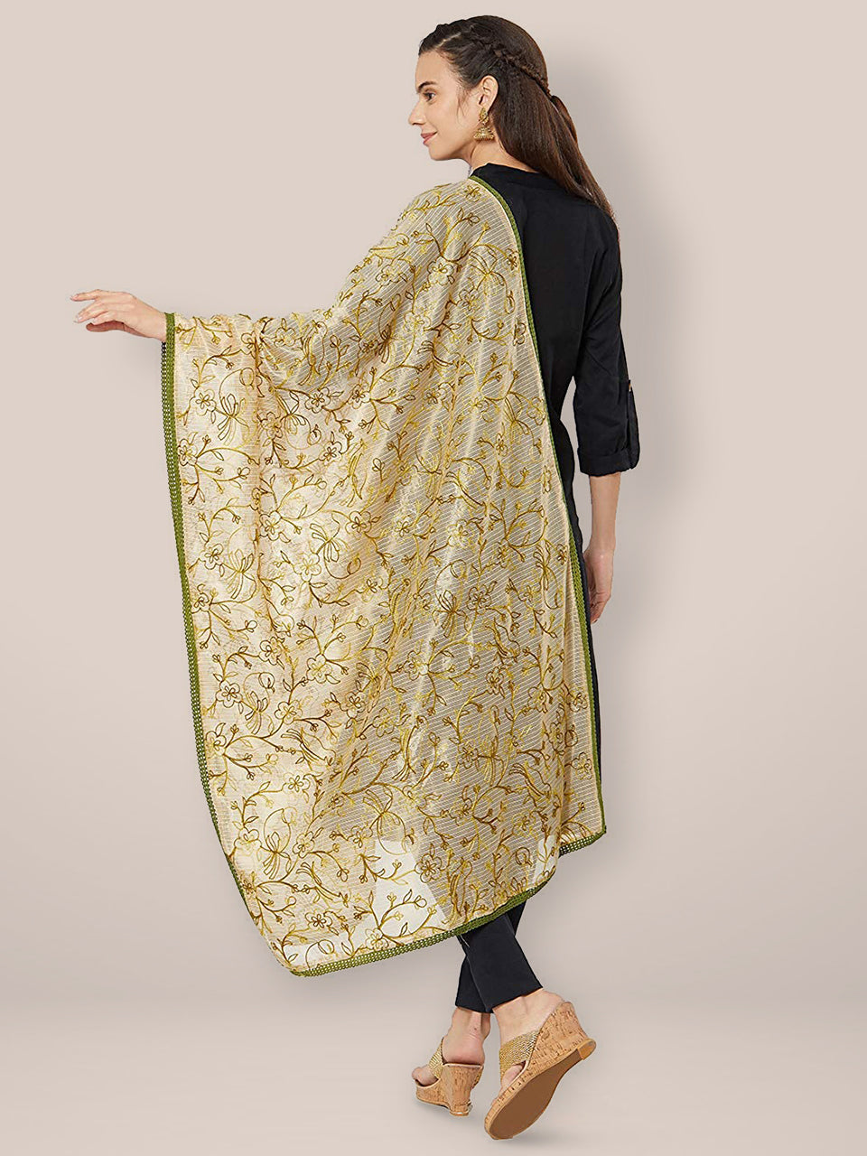 Green & Gold Embroidered Cotton Silk Dupatta freeshipping - Dupatta Bazaar