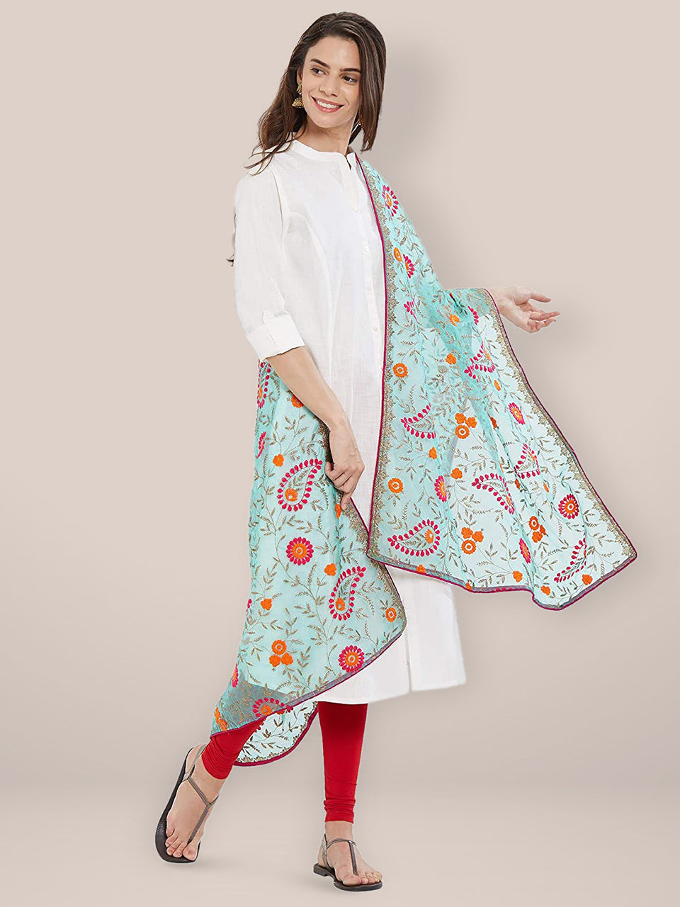 Multicoloured Paisley  Embroidered Organza Dupatta freeshipping - Dupatta Bazaar