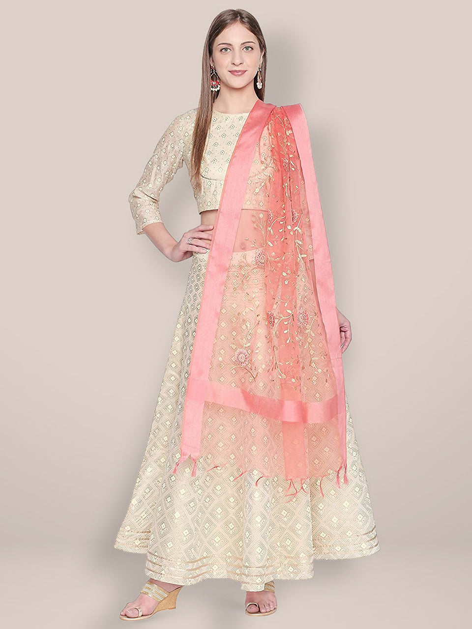 Embroidered Peach Organza Dupatta freeshipping - Dupatta Bazaar
