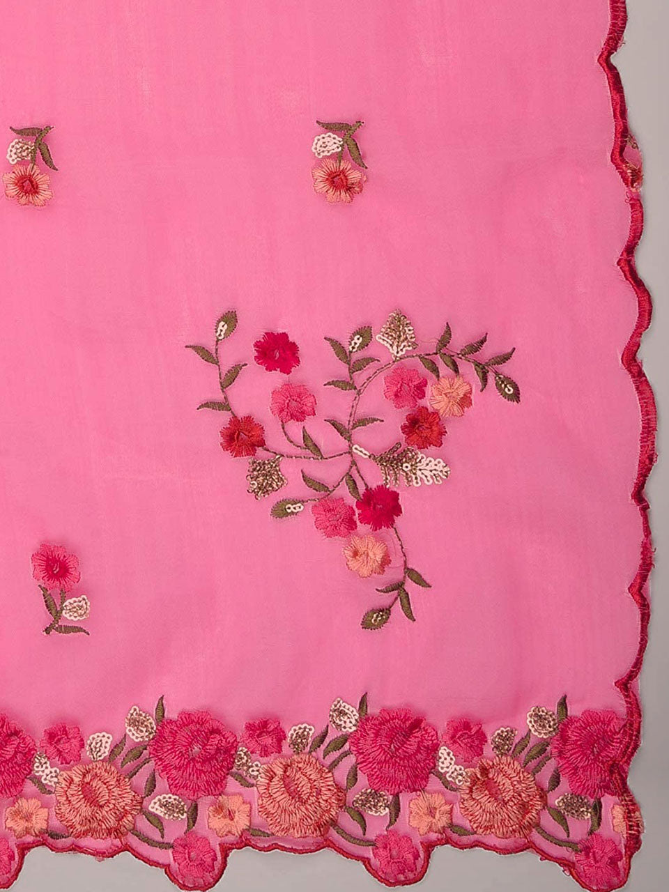 Pink Organza Dupatta with Multicolor Floral Embroidery freeshipping - Dupatta Bazaar