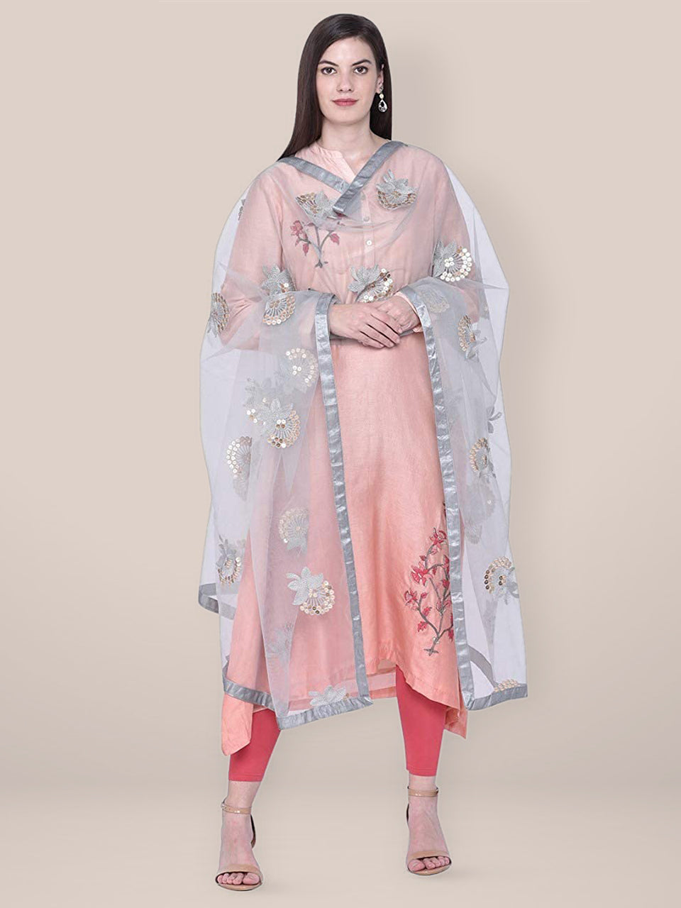 Dupatta Bazaar Woman's Embroidered Sequence Work Grey Net dupatta freeshipping - Dupatta Bazaar