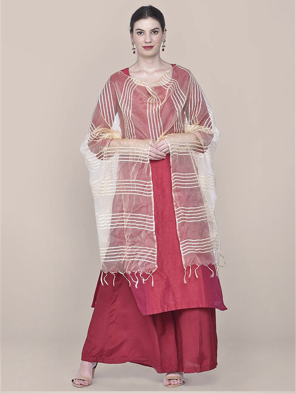 Beige Woven Organza Dupatta freeshipping - Dupatta Bazaar