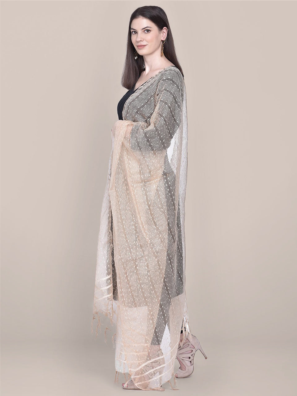 Dupatta Bazaar Woman's Cream Woven Organza Dupatta freeshipping - Dupatta Bazaar