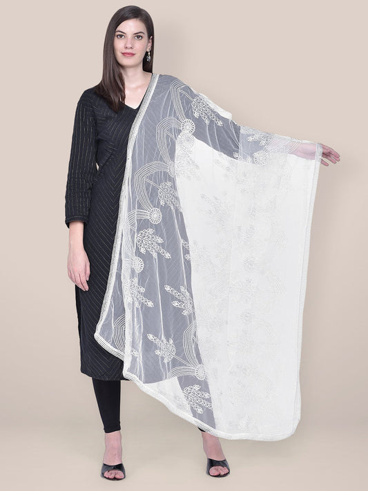 Embroidered Silver Net Dupatta freeshipping - Dupatta Bazaar