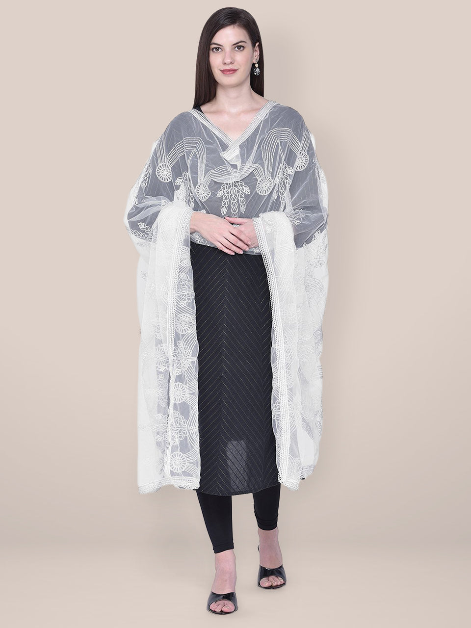 Embroidered Silver Net Dupatta freeshipping - Dupatta Bazaar