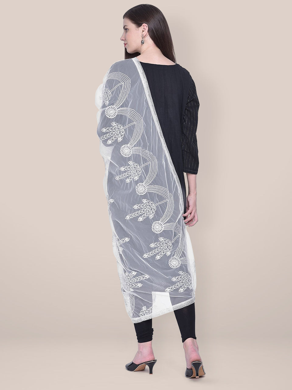 Embroidered Silver Net Dupatta freeshipping - Dupatta Bazaar