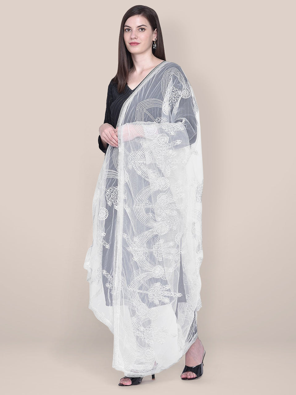 Embroidered Silver Net Dupatta freeshipping - Dupatta Bazaar
