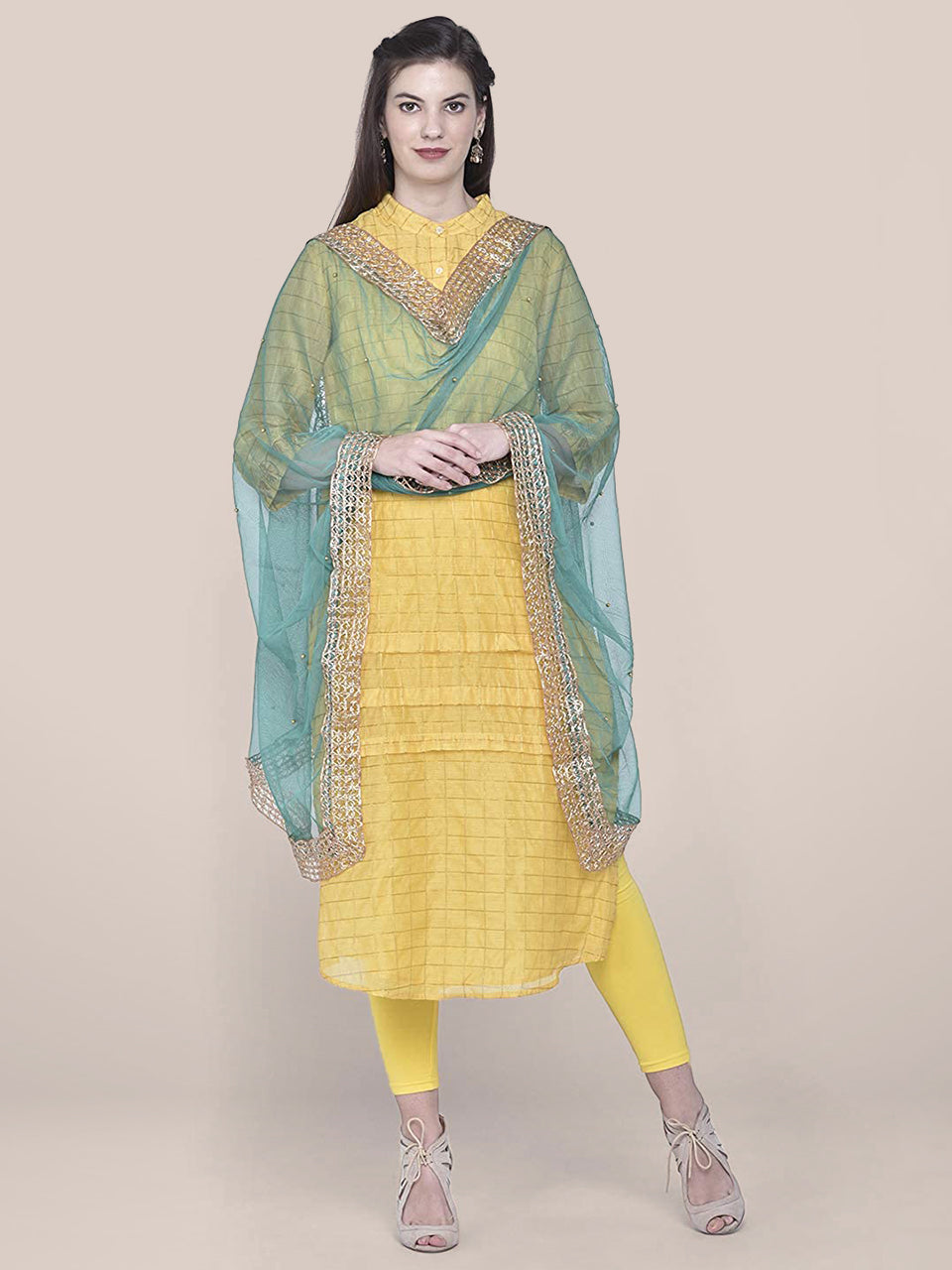 Embellished Green Net Dupatta freeshipping - Dupatta Bazaar