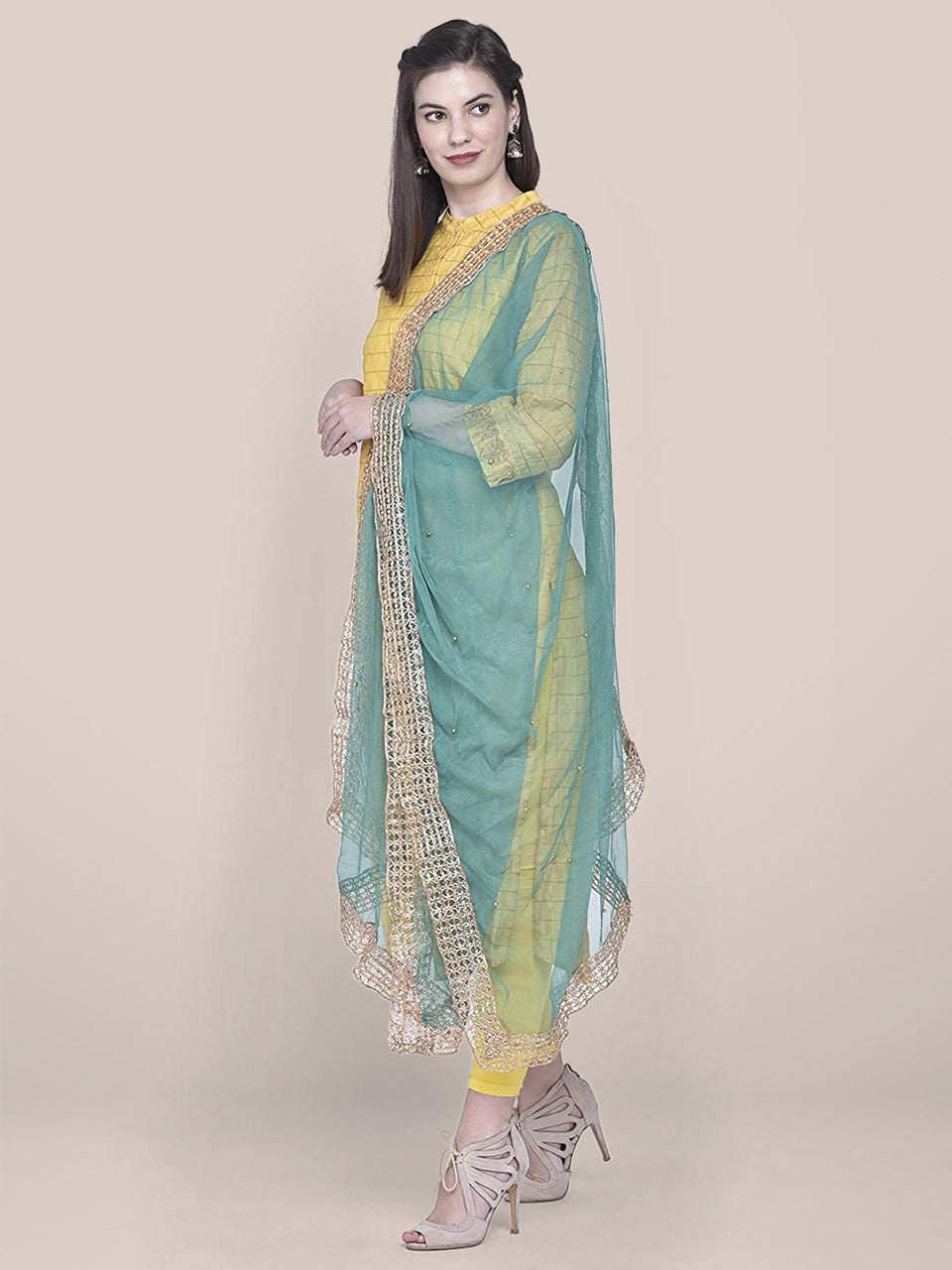 Embellished Green Net Dupatta freeshipping - Dupatta Bazaar