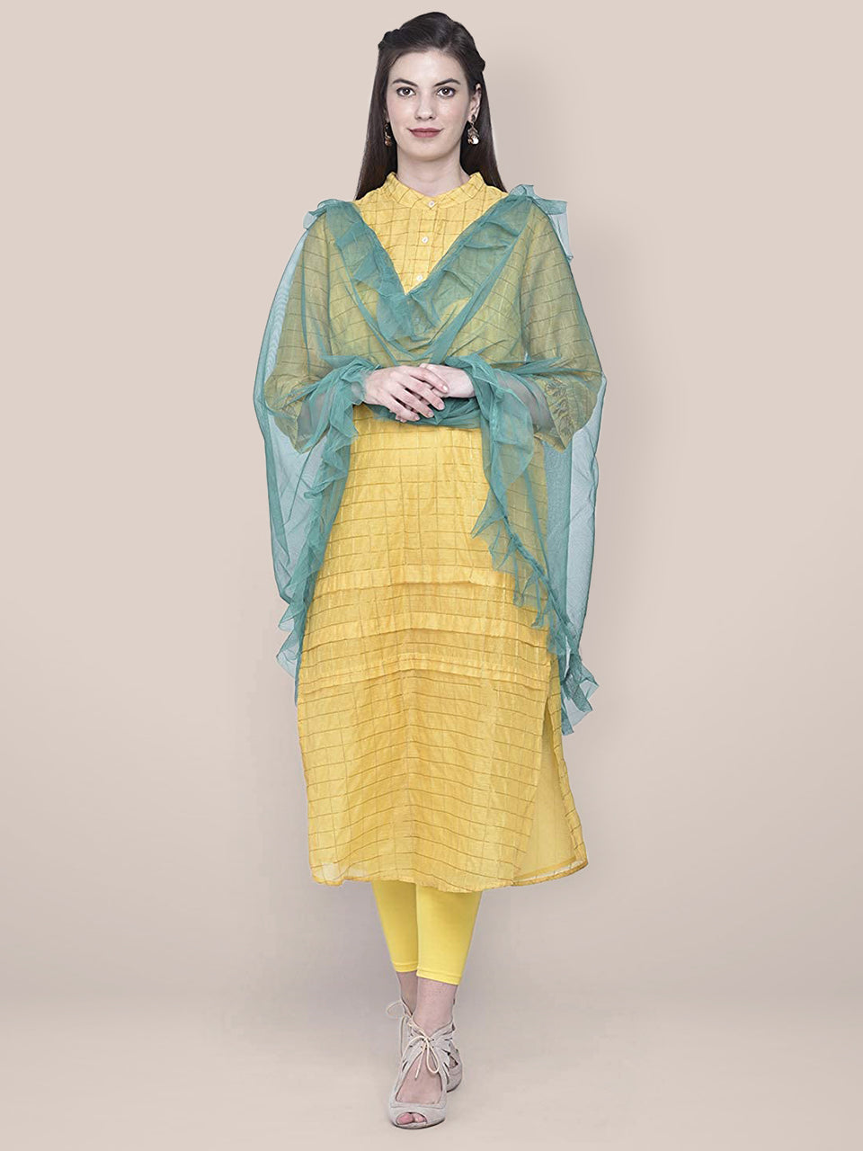 Olive Green Net Dupatta with Ruffles freeshipping - Dupatta Bazaar
