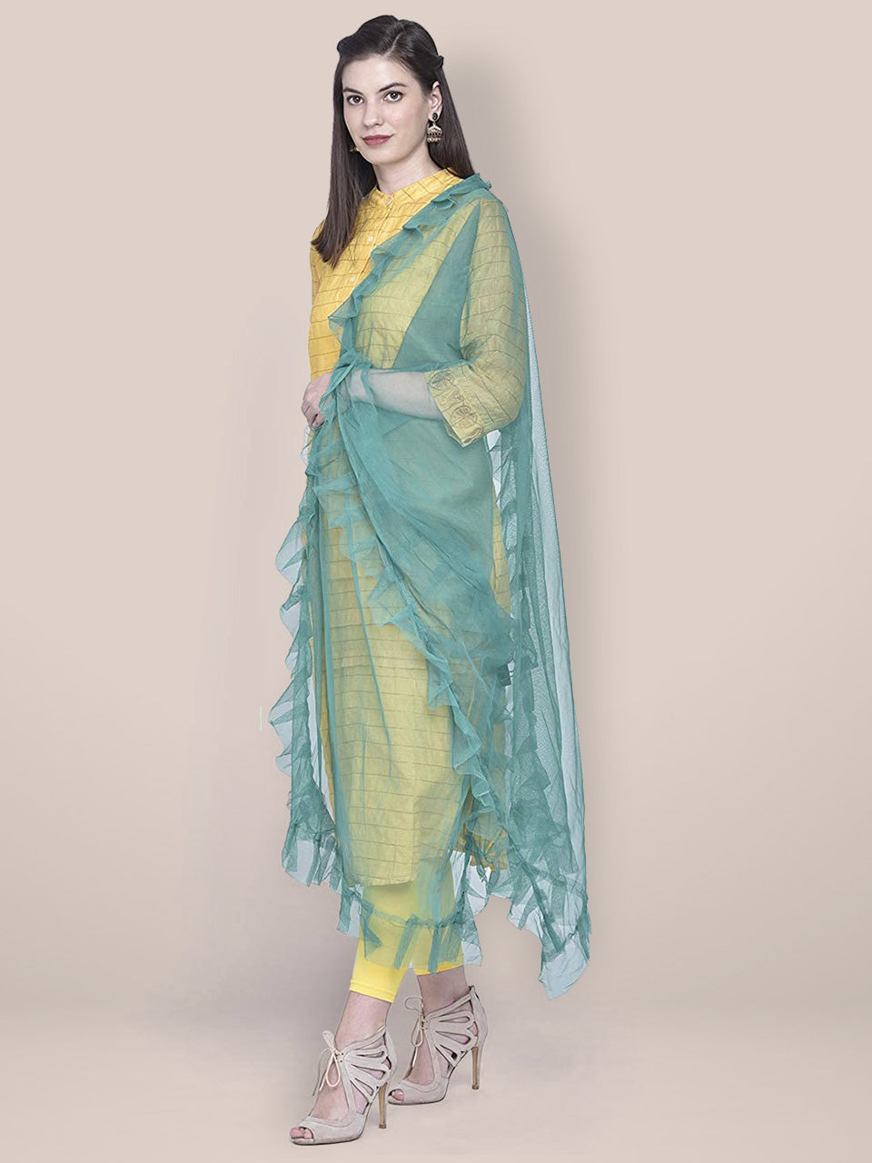 Olive Green Net Dupatta with Ruffles freeshipping - Dupatta Bazaar