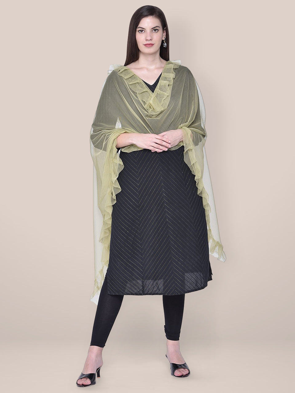 Mehendi Green Net Dupatta with Ruffles freeshipping - Dupatta Bazaar