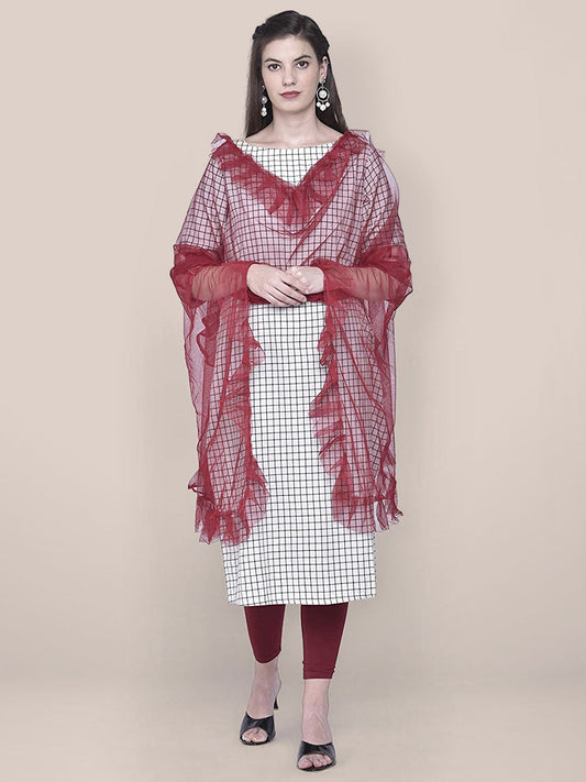 Maroon Net Dupatta with Ruffles freeshipping - Dupatta Bazaar