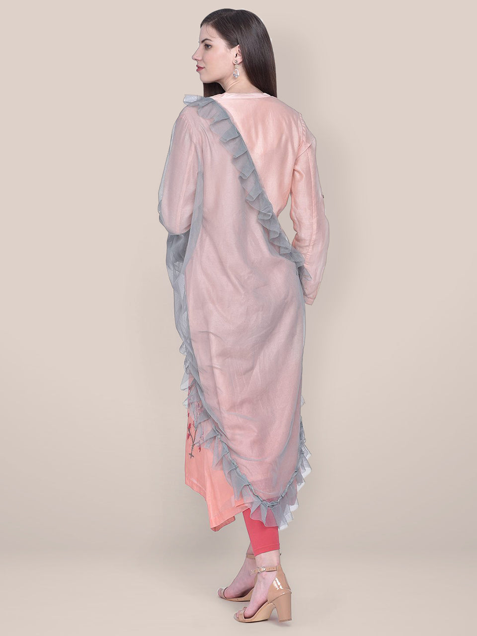 Dupatta Bazaar Woman's Grey Net Dupatta with Ruffles freeshipping - Dupatta Bazaar