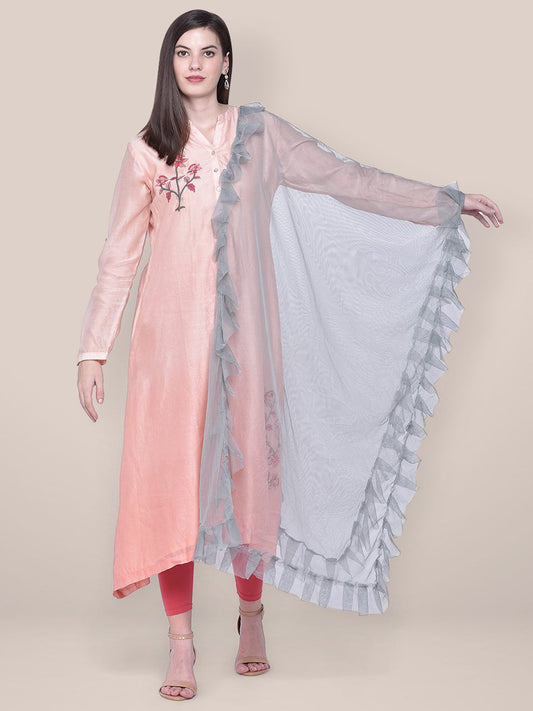 Dupatta Bazaar Woman's Grey Net Dupatta with Ruffles freeshipping - Dupatta Bazaar
