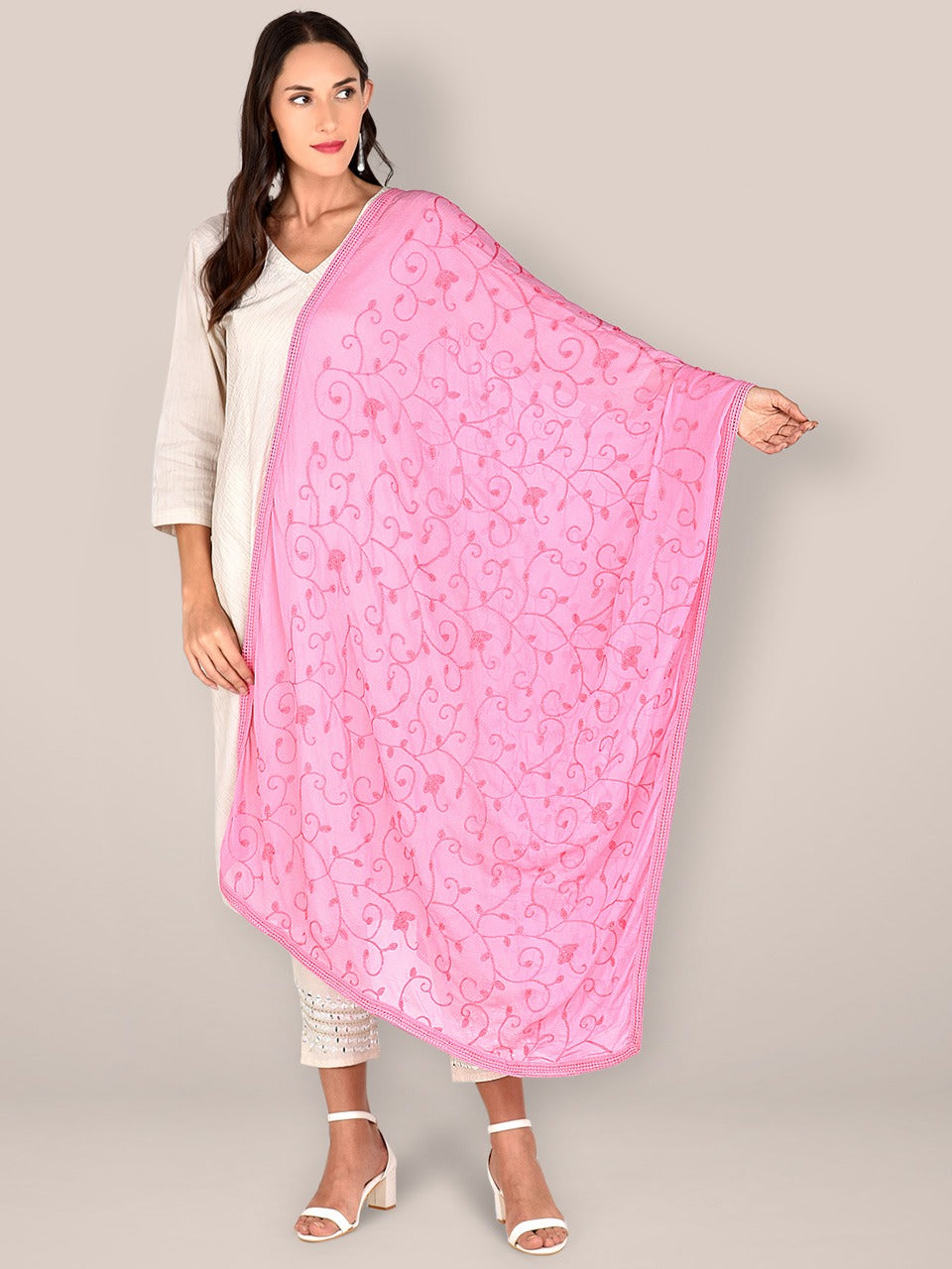 Baby Pink Embroidered  Chiffon Dupatta freeshipping - Dupatta Bazaar