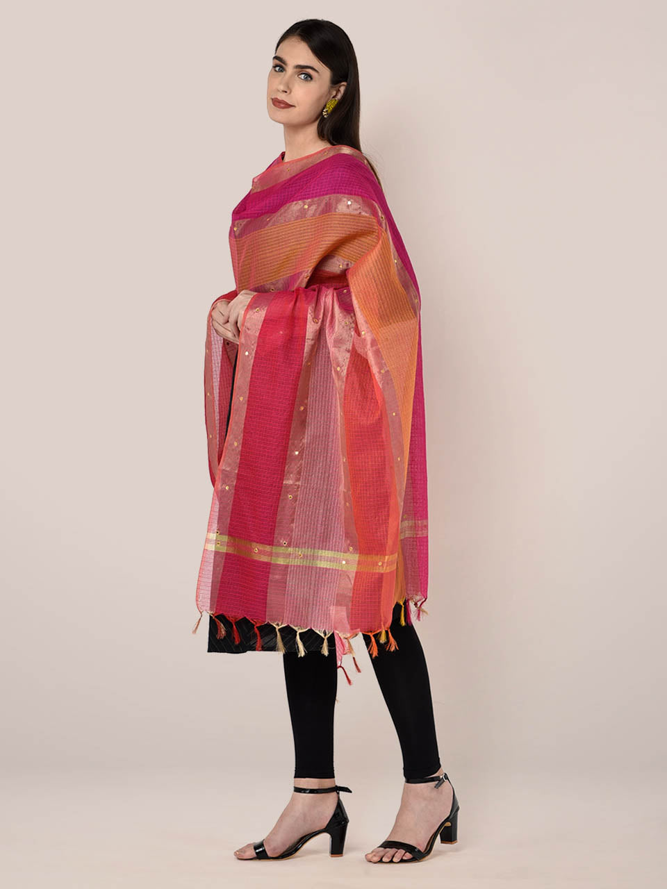 Striped Blended Silk Pink Multicolored Dupatta freeshipping - Dupatta Bazaar