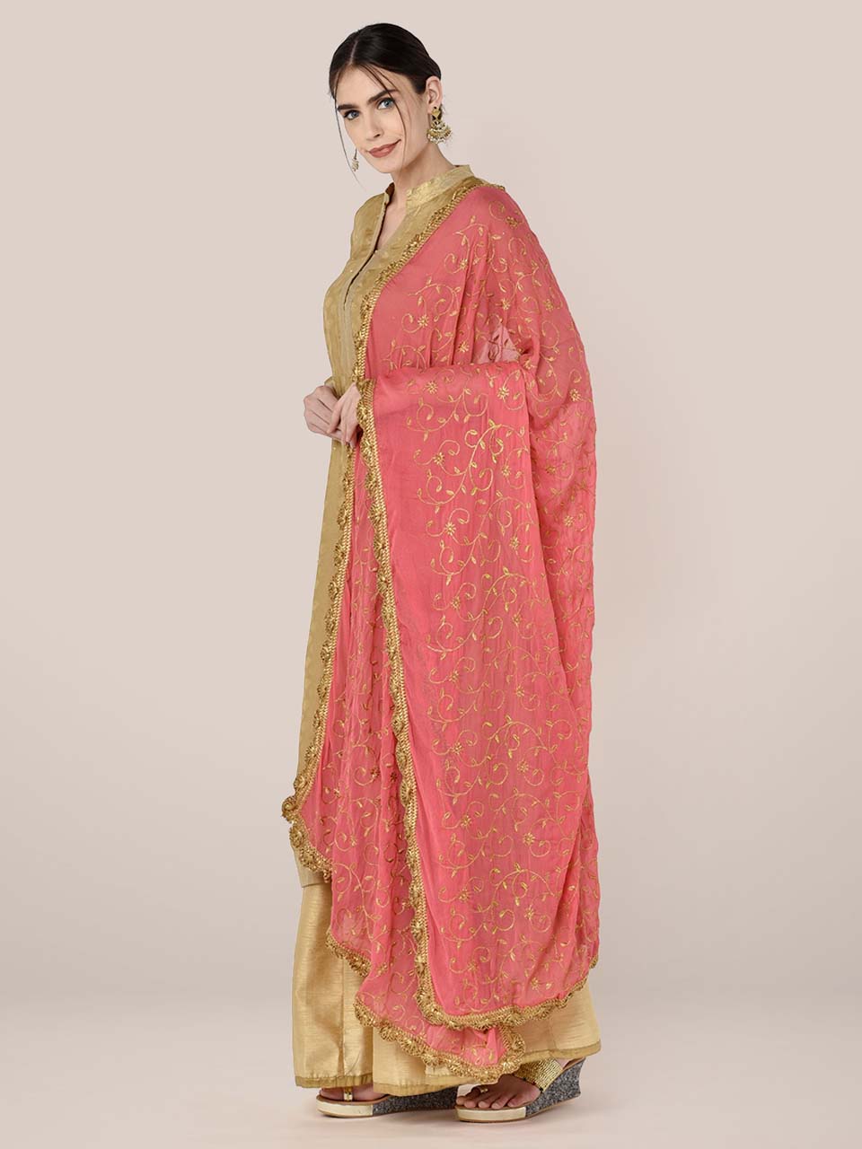 Coral Chiffon Dupatta with Gold Embroidery freeshipping - Dupatta Bazaar
