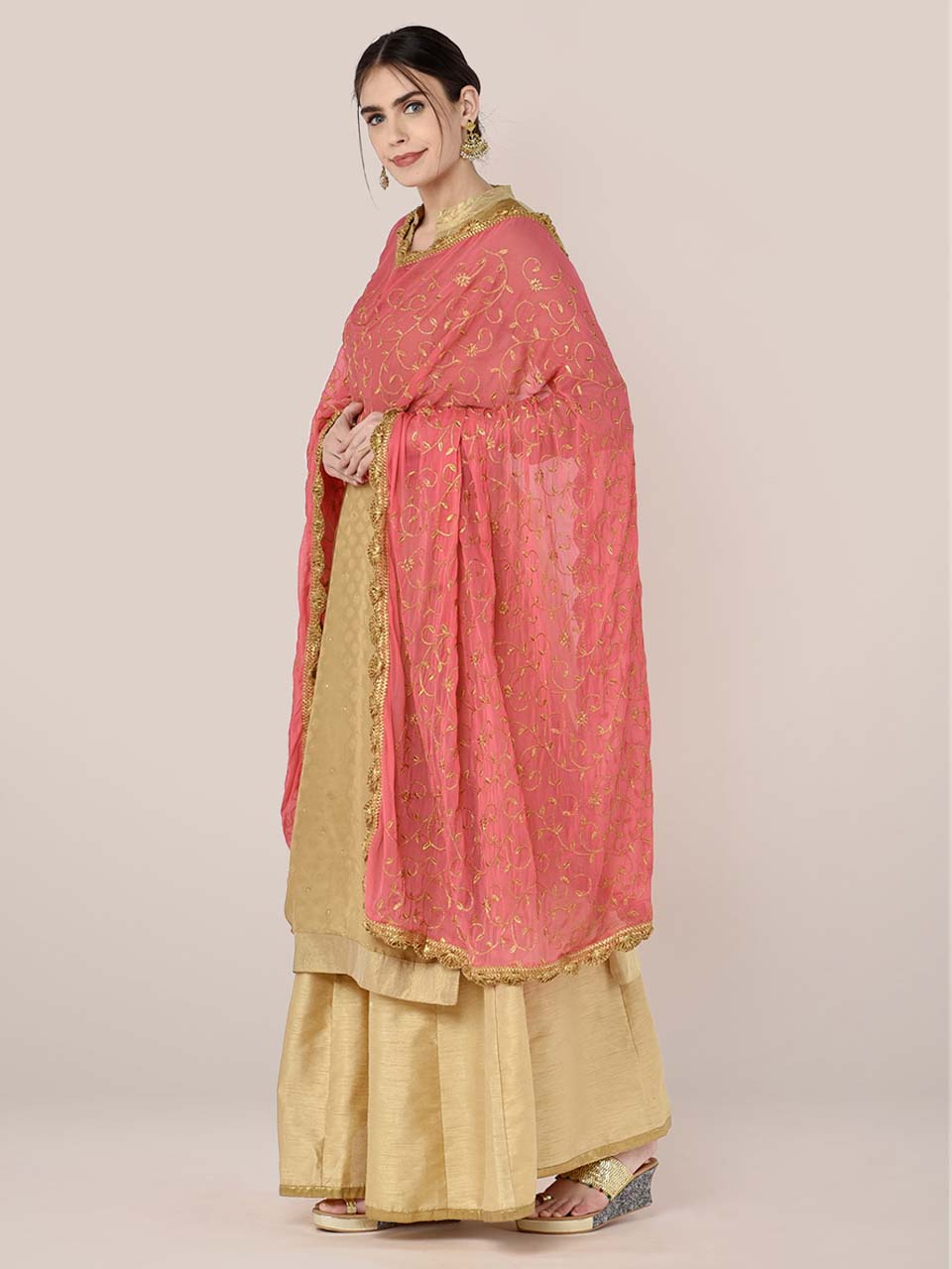 Coral Chiffon Dupatta with Gold Embroidery freeshipping - Dupatta Bazaar
