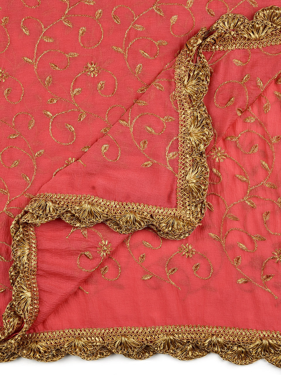 Coral Chiffon Dupatta with Gold Embroidery freeshipping - Dupatta Bazaar