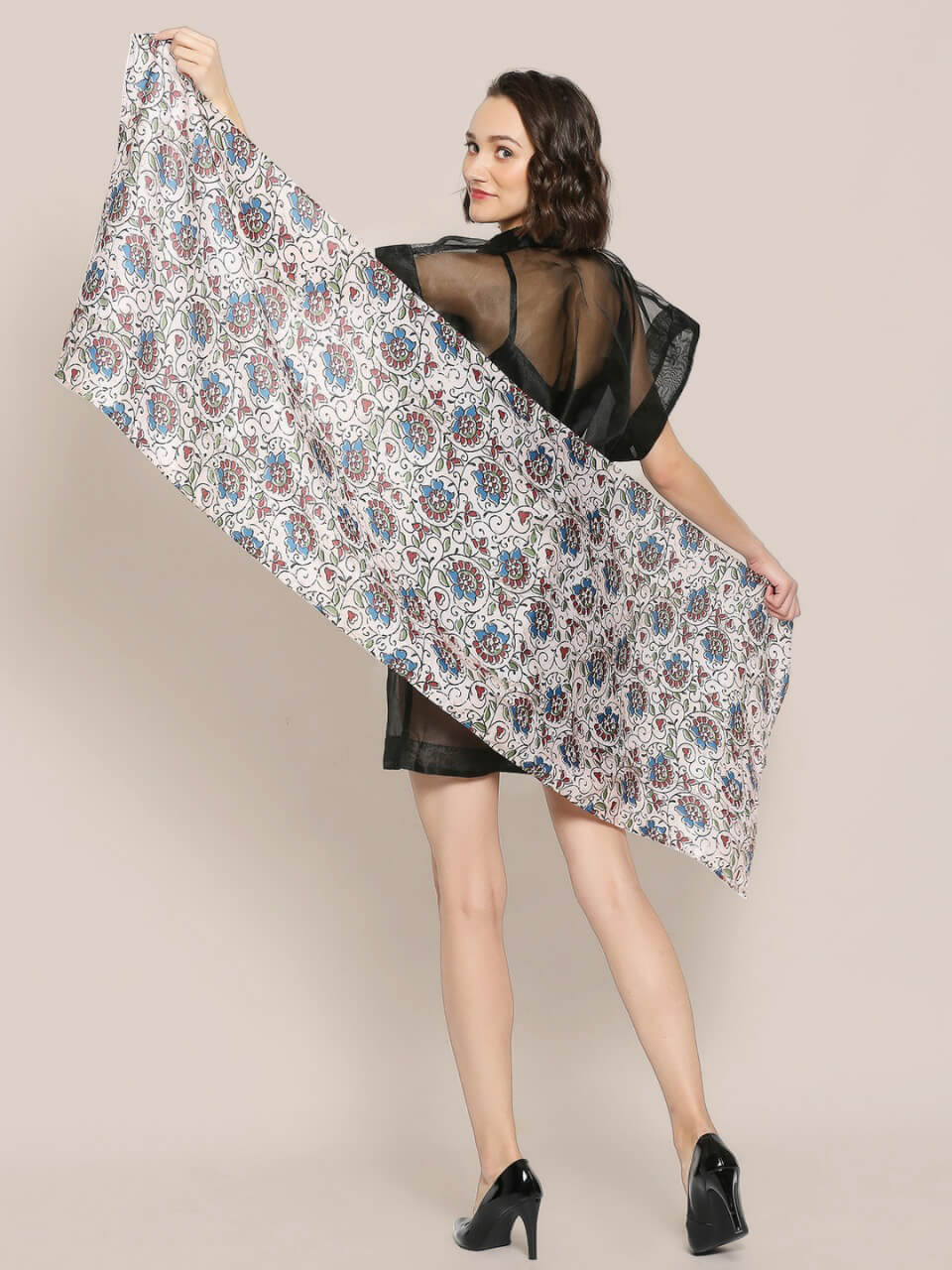 Beige & Multicolor Printed Satin Scarf