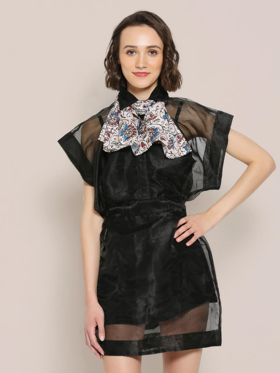 Beige & Multicolor Printed Satin Scarf