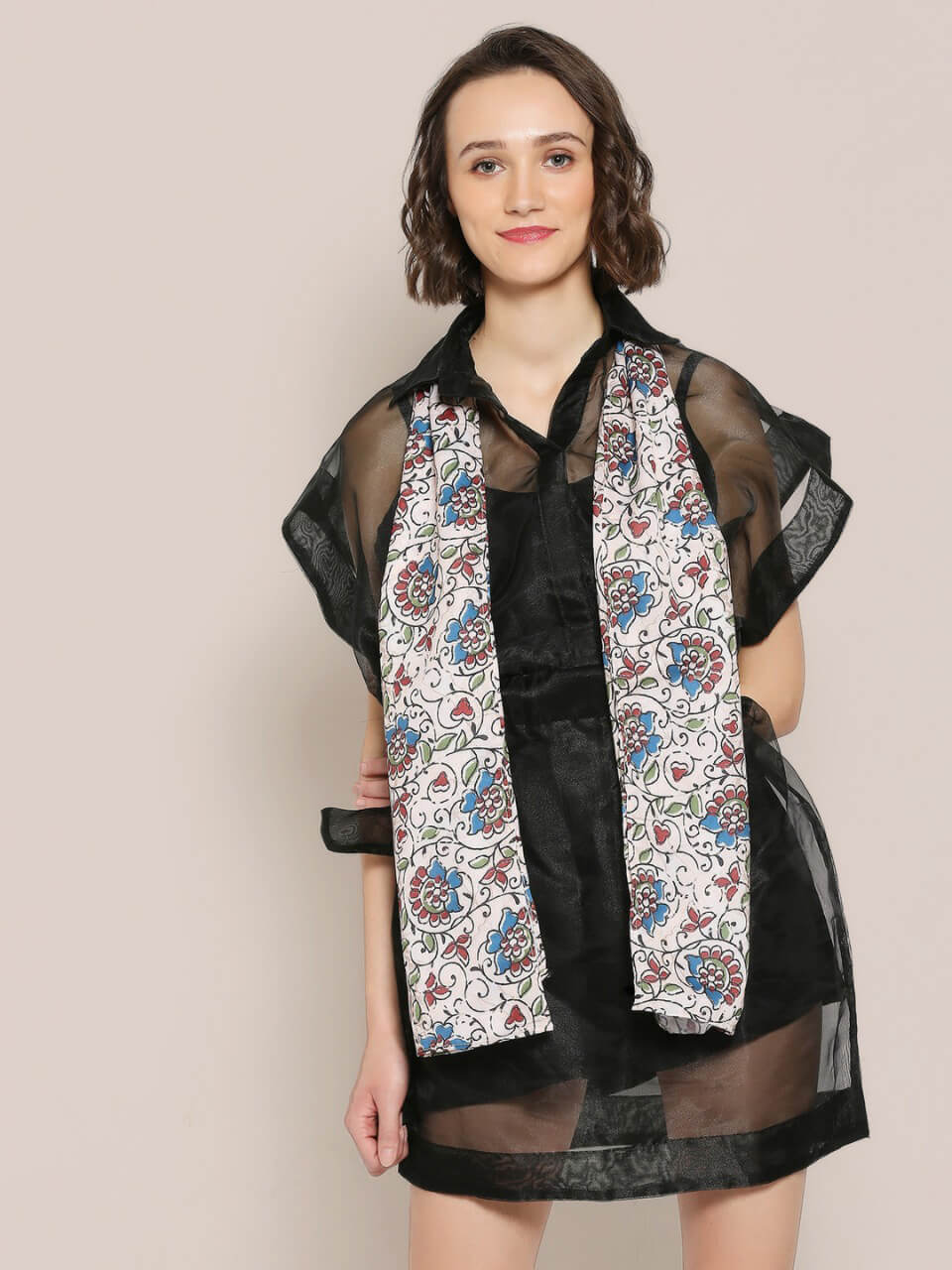 Beige & Multicolor Printed Satin Scarf