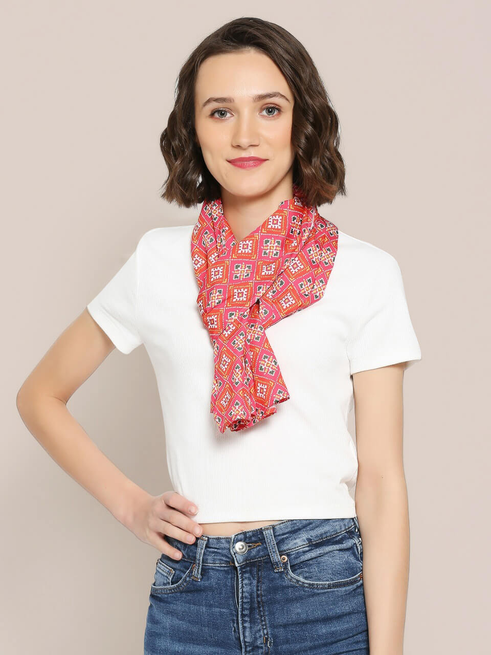 Pink & Multicolor Printed Satin Scar