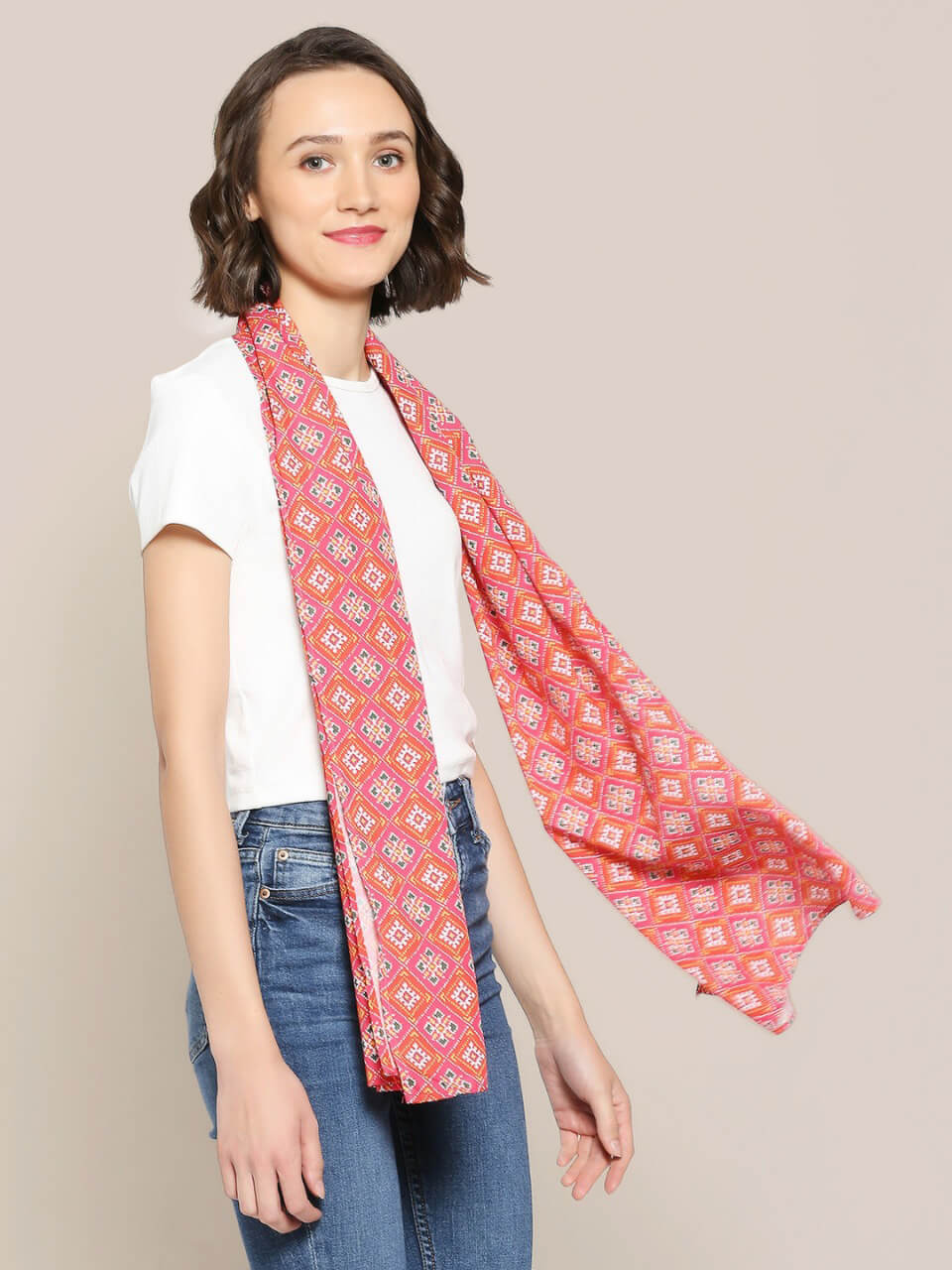 Pink & Multicolor Printed Satin Scar