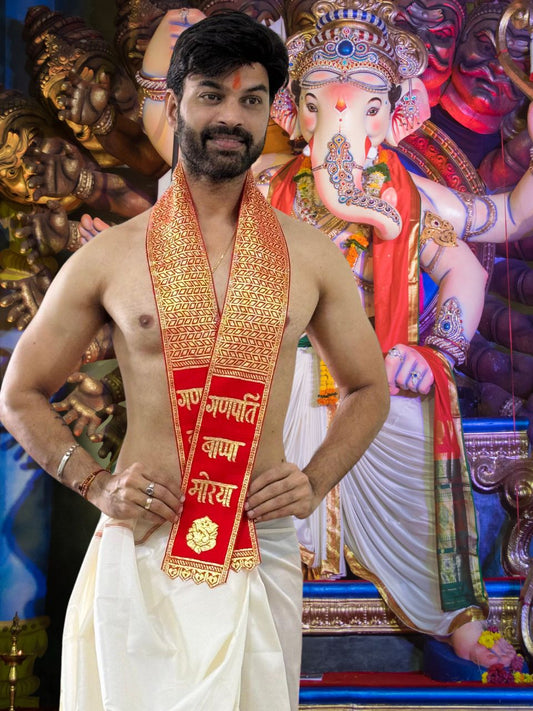 Ganpati Bappa Morya Stole in Red and Gold