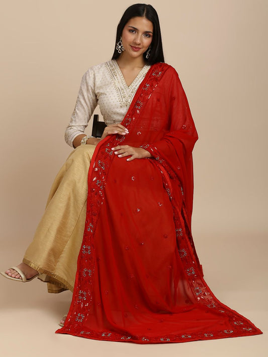 Red Sequinned & Embellished Salma Sitara Georgette Dupatta