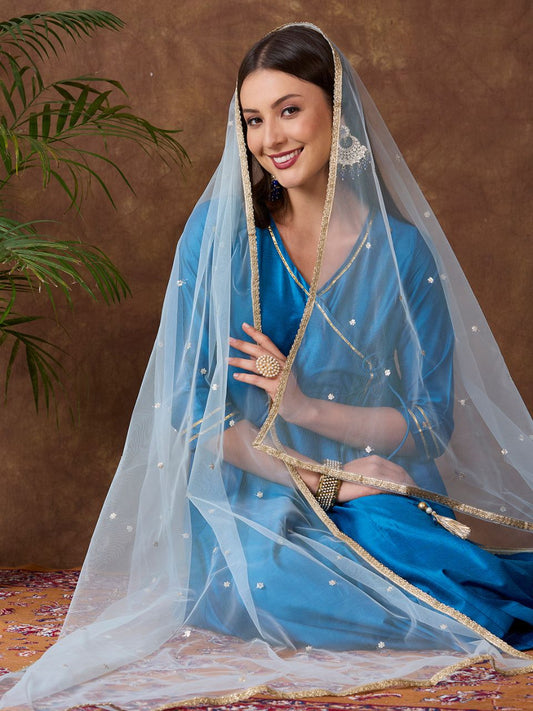 Pastel Blue Embellished Net Dupatta
