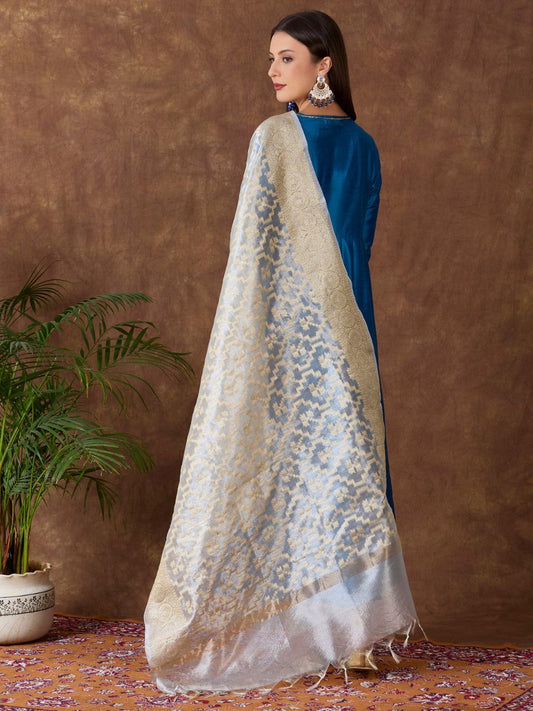 Silver & Gold Banarasi Tissue Silk Dupatta with Woven Floral Motifs