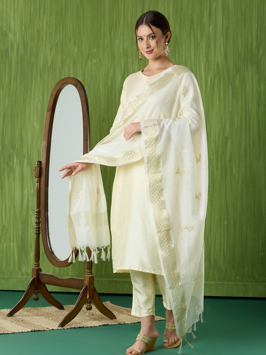 Off White Banarasi Chanderi Silk Dupatta with Woven Floral Motifs
