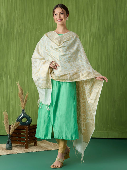 Banarasi Floral Woven Cream & Gold Chanderi Silk Dupatta
