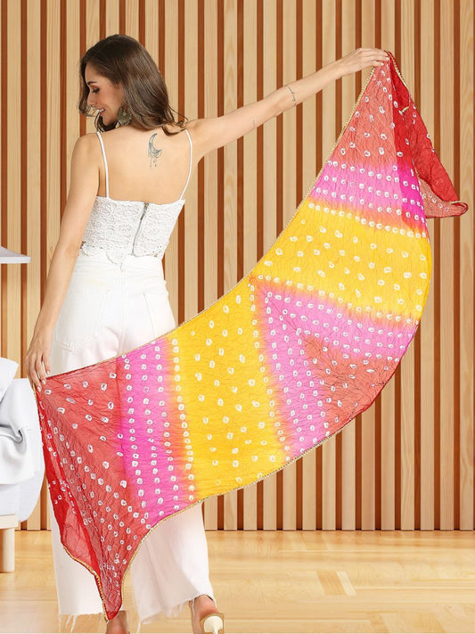 Multicoloured Bandhini Blended Silk Stole with Gold Border