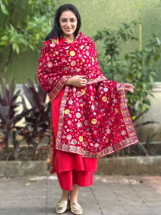 Multicoloured Floral Heavily Embroidered Rani Pink Velvet Dupatta