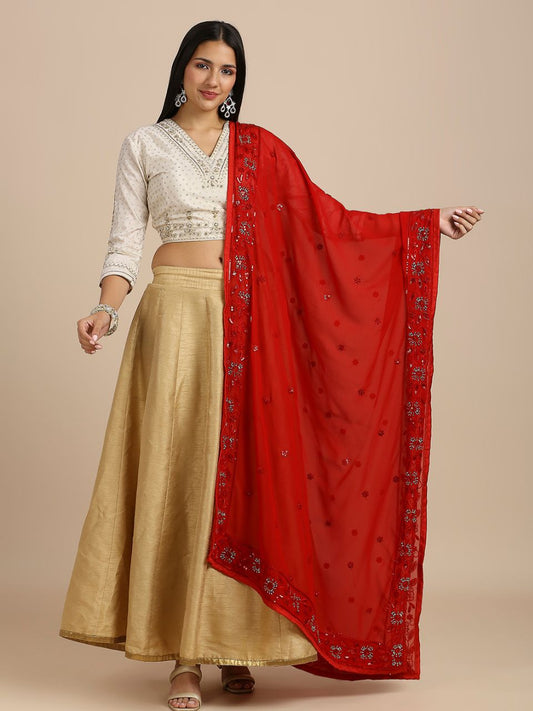 Red Sequinned & Embellished Salma Sitara Georgette Dupatta