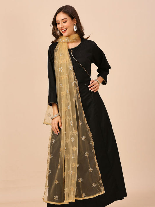 Motif Embroidered Gold Net Dupatta