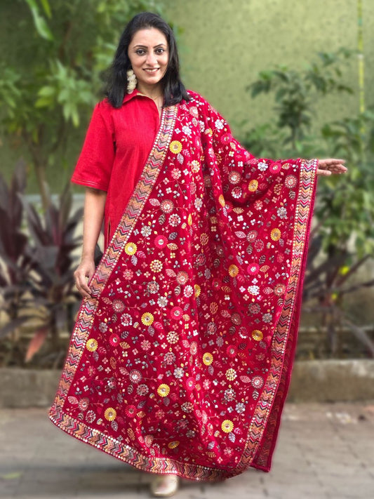 Multicoloured Floral Heavily Embroidered Rani Pink Velvet Dupatta