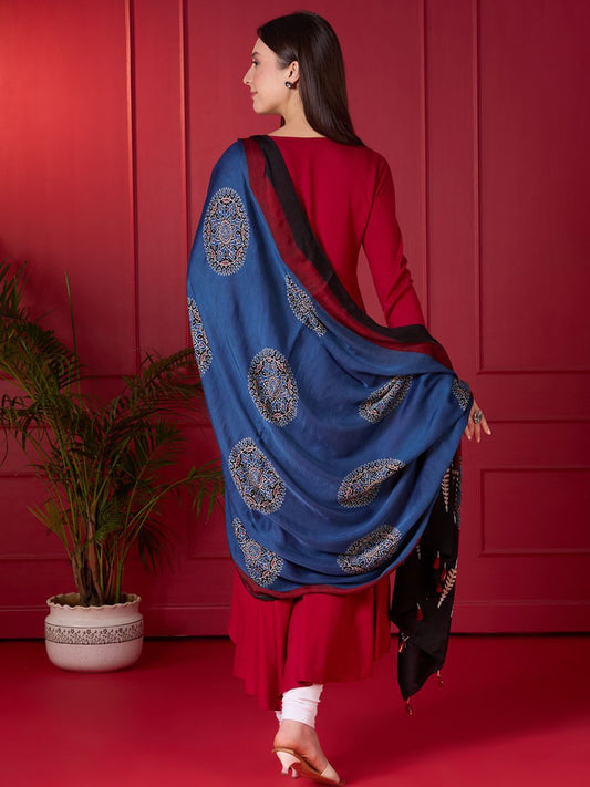 Indigo Modal Silk handblock Printed Ajrakh Dupatta