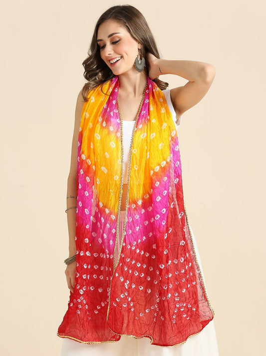 Multicoloured Bandhini Blended Silk Stole with Gold Border