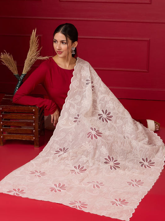 Cream All Over Cut Work & Embroidered Chanderi Silk Dupatta